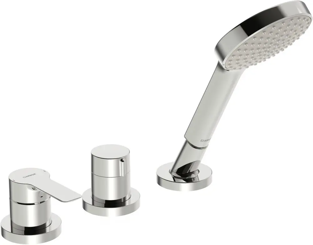 HANSALIGNA Fertigmontageset mit Handbrause und zwei Bediengriffen in Chrom. Geeignet für Wanne und Dusche. Modernes Design mit klaren Linien.